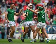 22 August 2021; Kyle Hayes of Limerick, centre, celebrates with team-mates including Dan Morrissey, left, after the GAA Hurling All-Ireland Senior Championship Final match between Cork and Limerick in Croke Park, Dublin. Photo by Harry Murphy/Sportsfile