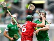 22 August 2021; Mark Coleman of Cork and William O’Donoghue of Limerick during the GAA Hurling All-Ireland Senior Championship Final match between Cork and Limerick in Croke Park, Dublin. Photo by Ramsey Cardy/Sportsfile
