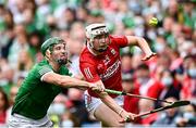 22 August 2021; Shane Barrett of Cork in action against Seán Finn of Limerick during the GAA Hurling All-Ireland Senior Championship Final match between Cork and Limerick in Croke Park, Dublin. Photo by Ramsey Cardy/Sportsfile