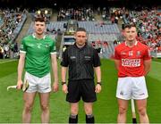 22 August 2021; Referee Fergal Horgan with the two captains, Declan Hannon of Limerick and Patrick Horgan of Cork, before the GAA Hurling All-Ireland Senior Championship Final match between Cork and Limerick in Croke Park, Dublin. Photo by Ray McManus/Sportsfile