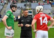 22 August 2021; Referee Fergal Horgan with the two captains, Declan Hannon of Limerick and Patrick Horgan of Cork, before the GAA Hurling All-Ireland Senior Championship Final match between Cork and Limerick in Croke Park, Dublin. Photo by Ray McManus/Sportsfile