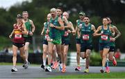 21 August 2021; Sam Amend of England, left, Aidan Hogan of Rising Sun AC, Cork, representing Ireland, centre, Keith Russell of Navan AC, Meath, representing Ireland, and Caitriona Jennings of Letterkenny AC, Donegal, representing Ireland, competing in the Irish National 50 kilometre and 100 kilometre Championships, incorporating the Anglo Celtic Plate, at Mondello Park in Naas, Kildare. Photo by Brendan Moran/Sportsfile