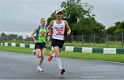 21 August 2021; Ollie Garrod of South London Harriers, England, leads Sean O'Hehir of Metro St Brigid's AC, Dublin, competing in the Irish National 50 kilometre and 100 kilometre Championships, incorporating the Anglo Celtic Plate, at Mondello Park in Naas, Kildare. Photo by Brendan Moran/Sportsfile