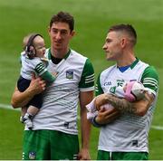 22 August 2021; Limerick goalkeepers Nickie Quaid, left, with his son Daithi, six months, and Barry Hennessy, with his daughter Hope, four weeks, after the GAA Hurling All-Ireland Senior Championship Final match between Cork and Limerick in Croke Park, Dublin. Photo by Ray McManus/Sportsfile