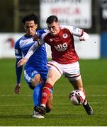 20 August 2021; Ben McCormack of St Patrick's Athletic and Will Seymore of Finn Harps during the SSE Airtricity League Premier Division match between Finn Harps and St Patrick's Athletic at Finn Park in Ballybofey, Donegal. Photo by Ben McShane/Sportsfile