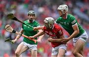 22 August 2021; Shane Barrett of Cork in action against Kyle Hayes, right, and William O’Donoghue of Limerick during the GAA Hurling All-Ireland Senior Championship Final match between Cork and Limerick in Croke Park, Dublin. Photo by Piaras Ó Mídheach/Sportsfile