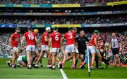 22 August 2021; Linesman James Owens attempts to seperate players from both sides during the GAA Hurling All-Ireland Senior Championship Final match between Cork and Limerick in Croke Park, Dublin. Photo by Brendan Moran/Sportsfile