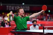25 August 2021; Colin Judge of Ireland celbrates winning a game whilst competing in his C3 Men's Singles Table Tennis Qualifying Group G match against Ping Zhao of China at the Tokyo Metropolitan Gymnasium on day one during the Tokyo 2020 Paralympic Games in Tokyo, Japan. Photo by Sam Barnes/Sportsfile