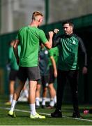 25 August 2021; Shamrock Rovers manager Stephen Bradley, right, and Liam Scales during a Shamrock Rovers training session at Roadstone Group Sports Club in Dublin. Photo by Seb Daly/Sportsfile