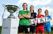 25 August 2021; The Football Association of Ireland today announced EVOKE.ie as sponsor of the FAI Women’s Senior Cup for the next two years in the first dedicated sponsorship deal for the historic and prestigious competition. EVOKE.ie and EXTRA.ie, part of DMG Media, Ireland’s largest publisher of digital content, will now work alongside the FAI to further enhance their senior Cup competitions. The innovative EVOKE.ie FAI Women’s Cup and the EXTRA.ie FAI Cup sponsorship deals were officially launched today at the FAI’s Abbotstown Headquarters. Pictured at the announcement are, from left, Eleanor Ryan Doyle of Peamount United, Lauren Dwyer of Wexford Youths WFC, Ciara Grant of Shelbourne and Nadine Clare of DLR Waves. Photo by Seb Daly/Sportsfile