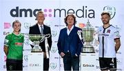 25 August 2021; The Football Association of Ireland today announced EVOKE.ie as sponsor of the FAI Women’s Senior Cup for the next two years in the first dedicated sponsorship deal for the historic and prestigious competition. EVOKE.ie and EXTRA.ie, part of DMG Media, Ireland’s largest publisher of digital content, will now work alongside the FAI to further enhance their senior Cup competitions. The innovative EVOKE.ie FAI Women’s Cup and the EXTRA.ie FAI Cup sponsorship deals were officially launched today at the FAI’s Abbotstown Headquarters. Pictured at the announcement are, from left, Eleanor Ryan Doyle of Peamount United, FAI Chief Executive Officer Jonathan Hill, Paul Henderson, Managing Director, DMG Media Ireland, and Andy of Boyle of Dundalk. Photo by Seb Daly/Sportsfile