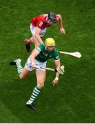 22 August 2021; Séamus Flanagan of Limerick in action against Robert Downey of Cork during the GAA Hurling All-Ireland Senior Championship Final match between Cork and Limerick in Croke Park, Dublin. Photo by Stephen McCarthy/Sportsfile