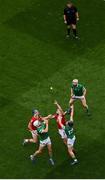 22 August 2021; Mark Coleman, right, and Seán O’Donoghue of Cork in action against Aaron Gillane, left, Cian Lynch, top, and Peter Casey, right, during the GAA Hurling All-Ireland Senior Championship Final match between Cork and Limerick in Croke Park, Dublin. Photo by Stephen McCarthy/Sportsfile