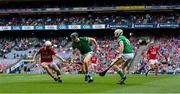 22 August 2021; William O’Donoghue of Limerick in action against Luke Meade of Cork during the GAA Hurling All-Ireland Senior Championship Final match between Cork and Limerick in Croke Park, Dublin. Photo by Stephen McCarthy/Sportsfile
