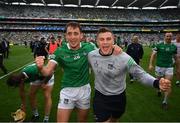 22 August 2021; Limerick's Pat Ryan and Mike Casey, right, celebrate following the GAA Hurling All-Ireland Senior Championship Final match between Cork and Limerick in Croke Park, Dublin. Photo by Stephen McCarthy/Sportsfile