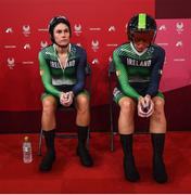26 August 2021; Katie-George Dunlevy, left, and Eve McCrystal of Ireland before competing in the Women's B 1000 metre time trial final at the Izu Velodrome on day two during the Tokyo 2020 Paralympic Games in Tokyo, Japan. Photo by David Fitzgerald/Sportsfile