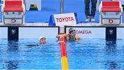 26 August 2021; Ellen Keane of Ireland, left, and Nuria Soto Marques of Spain after competing in the heats of the Women's SB8 100 metre breaststroke at the Tokyo Aquatic Centre on day two during the Tokyo 2020 Paralympic Games in Tokyo, Japan. Photo by Sam Barnes/Sportsfile