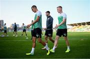 26 August 2021; Shamrock Rovers players, from left, Graham Burke, Danny Mandroiu and Liam Scales before the UEFA Europa Conference League play-off second leg match between Shamrock Rovers and Flora Tallinn at Tallaght Stadium in Dublin. Photo by Stephen McCarthy/Sportsfile