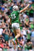 22 August 2021; Aaron Gillane of Limerick celebrates scoring his side's second goal during the GAA Hurling All-Ireland Senior Championship Final match between Cork and Limerick in Croke Park, Dublin. Photo by Piaras Ó Mídheach/Sportsfile