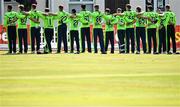 27 August 2021; Ireland players during Ireland's Call before match one of the Dafanews T20 series between Ireland and Zimbabwe at Clontarf Cricket Club in Dublin. Photo by Seb Daly/Sportsfile