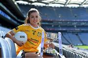 31 August 2021; In attendance at a photocall at Croke Park in Dublin ahead of the TG4 All-Ireland Junior, Intermediate and Ladies Senior Football Championship Finals on Sunday next is Aislinn McFarland of Antrim with the West County Hotel Cup. Photo by Brendan Moran/Sportsfile