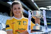 31 August 2021; In attendance at a photocall at Croke Park in Dublin ahead of the TG4 All-Ireland Junior, Intermediate and Ladies Senior Football Championship Finals on Sunday next is Aislinn McFarland of Antrim with the West County Hotel Cup. Photo by Brendan Moran/Sportsfile