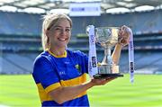 31 August 2021; In attendance at a photocall at Croke Park in Dublin ahead of the TG4 All-Ireland Junior, Intermediate and Ladies Senior Football Championship Finals on Sunday next is Sarah Jane Winders of Wicklow with the West County Hotel Cup. Photo by Brendan Moran/Sportsfile