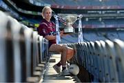 31 August 2021; In attendance at a photocall at Croke Park in Dublin ahead of the TG4 All-Ireland Junior, Intermediate and Ladies Senior Football Championship Finals on Sunday next is Westmeath captain Fiona Claffey with the Mary Quinn Memorial Cup.  Photo by Brendan Moran/Sportsfile