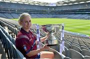 31 August 2021; In attendance at a photocall at Croke Park in Dublin ahead of the TG4 All-Ireland Junior, Intermediate and Ladies Senior Football Championship Finals on Sunday next is Westmeath captain Fiona Claffey with the Mary Quinn Memorial Cup.  Photo by Brendan Moran/Sportsfile