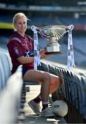 31 August 2021; In attendance at a photocall at Croke Park in Dublin ahead of the TG4 All-Ireland Junior, Intermediate and Ladies Senior Football Championship Finals on Sunday next is Westmeath captain Fiona Claffey with the Mary Quinn Memorial Cup.  Photo by Brendan Moran/Sportsfile