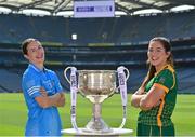 31 August 2021; In attendance at a photocall at Croke Park in Dublin ahead of the TG4 All-Ireland Junior, Intermediate and Ladies Senior Football Championship Finals on Sunday next are Dublin captain Sinead Aherne, left, and Meath captain Shauna Ennis with the Brendan Martin Cup.  Photo by Brendan Moran/Sportsfile