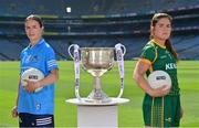 31 August 2021; In attendance at a photocall at Croke Park in Dublin ahead of the TG4 All-Ireland Junior, Intermediate and Ladies Senior Football Championship Finals on Sunday next are Dublin captain Sinead Aherne, left, and Meath captain Shauna Ennis with the Brendan Martin Cup.  Photo by Brendan Moran/Sportsfile