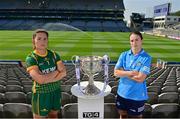 31 August 2021; In attendance at a photocall at Croke Park in Dublin ahead of the TG4 All-Ireland Junior, Intermediate and Ladies Senior Football Championship Finals on Sunday next are Meath captain Shauna Ennis, left, and Dublin captain Sinead Aherne with the Brendan Martin Cup. Photo by Brendan Moran/Sportsfile