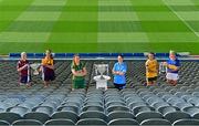 31 August 2021; In attendance at a photocall at Croke Park in Dublin ahead of the TG4 All-Ireland Junior, Intermediate and Ladies Senior Football Championship Finals on Sunday next are, from left, Westmeath captain Fiona Claffey, Wexford captain Aisling Murphy, Meath captain Shauna Ennis, Dublin captain Sinead Aherne, Antrim captain Aislinn McFarland and Wicklow Sarah Jane Winders. Photo by Brendan Moran/Sportsfile