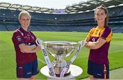 31 August 2021; In attendance at a photocall at Croke Park in Dublin ahead of the TG4 All-Ireland Junior, Intermediate and Ladies Senior Football Championship Finals on Sunday next are Westmeath captain Fiona Claffey, left, and Wexford captain Aisling Murphy with the Mary Quinn memorial Cup. Photo by Brendan Moran/Sportsfile