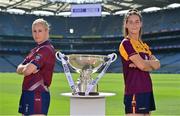 31 August 2021; In attendance at a photocall at Croke Park in Dublin ahead of the TG4 All-Ireland Junior, Intermediate and Ladies Senior Football Championship Finals on Sunday next are Westmeath captain Fiona Claffey, left, and Wexford captain Aisling Murphy with the Mary Quinn memorial Cup. Photo by Brendan Moran/Sportsfile