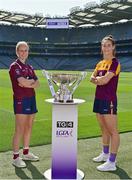 31 August 2021; In attendance at a photocall at Croke Park in Dublin ahead of the TG4 All-Ireland Junior, Intermediate and Ladies Senior Football Championship Finals on Sunday next are Westmeath captain Fiona Claffey, left, and Wexford captain Aisling Murphy with the Mary Quinn memorial Cup. Photo by Brendan Moran/Sportsfile