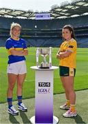 31 August 2021; In attendance at a photocall at Croke Park in Dublin ahead of the TG4 All-Ireland Junior, Intermediate and Ladies Senior Football Championship Finals on Sunday next are Wicklow captain Sarah Jane Winders, left, and Antrim captain Aislinn McFarland with the West County Hotel Cup. Photo by Brendan Moran/Sportsfile