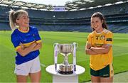 31 August 2021; In attendance at a photocall at Croke Park in Dublin ahead of the TG4 All-Ireland Junior, Intermediate and Ladies Senior Football Championship Finals on Sunday next are Wicklow captain Sarah Jane Winders, left, and Antrim captain Aislinn McFarland with the West County Hotel Cup. Photo by Brendan Moran/Sportsfile