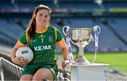31 August 2021; In attendance at a photocall at Croke Park in Dublin ahead of the TG4 All-Ireland Junior, Intermediate and Ladies Senior Football Championship Finals on Sunday next is Meath captain Shauna Ennis with the Brendan Martin Cup. Photo by Brendan Moran/Sportsfile
