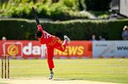 27 August 2021; Richard Ngarava of Zimbabwe during match one of the Dafanews T20 series between Ireland and Zimbabwe at Clontarf Cricket Club in Dublin. Photo by Seb Daly/Sportsfile