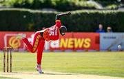 27 August 2021; Luke Jongwe of Zimbabwe during match one of the Dafanews T20 series between Ireland and Zimbabwe at Clontarf Cricket Club in Dublin. Photo by Seb Daly/Sportsfile