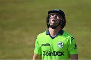 27 August 2021; Curtis Campher of Ireland leaves the field after being caught by Dion Myers of Zimbabwe during match one of the Dafanews T20 series between Ireland and Zimbabwe at Clontarf Cricket Club in Dublin. Photo by Seb Daly/Sportsfile