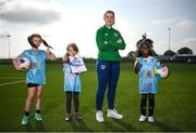 27 August 2021; Republic of Ireland international Emily Whelan with, from left, Ellie Collins, Gwen Conway and Marwa Babiker of St Mochtas FC at the launch of the Disney Playmakers football program at the FAI National Training Centre in Abbotstown, Dublin. Playmakers employs an innovative storytelling approach featuring much-loved Disney characters to help more girls see the fun in regular physical exercise and football. Girls across the Republic of Ireland are being encouraged to kickstart a lifelong love of football through a ground-breaking Playmakers football programme from UEFA and Disney. Photo by Stephen McCarthy/Sportsfile