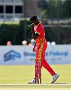 27 August 2021; Richard Ngarava of Zimbabwe celebrates his side's victory over Ireland after match one of the Dafanews T20 series between Ireland and Zimbabwe at Clontarf Cricket Club in Dublin. Photo by Seb Daly/Sportsfile