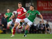 27 August 2021; Beineón O'Brien-Whitmarsh of Cork City in action against Jamie Lennon of St Patrick's Athletic during the extra.ie FAI Cup Second Round match between Cork City and St Patrick's Athletic at Turner's Cross in Cork. Photo by Piaras Ó Mídheach/Sportsfile
