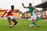 27 August 2021; Cian Coleman of Cork City in action against James Abankwah of St Patrick's Athletic during the extra.ie FAI Cup Second Round match between Cork City and St Patrick's Athletic at Turner's Cross in Cork. Photo by Piaras Ó Mídheach/Sportsfile