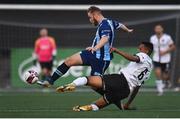 27 August 2021; Gareth McCaffrey of St Mochta's is tackled by Sonni Nattestad of Dundalk during the extra.ie FAI Cup second round match between Dundalk and St Mochta's at Oriel Park in Dundalk. Photo by Ben McShane/Sportsfile