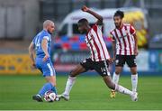 27 August 2021; Junior Ogedi-Uzokwe of Derry City in action against Mark Coyle of Finn Harps during the extra.ie FAI Cup Second Round match between Finn Harps and Derry City at Finn Park in Ballybofey, Donegal. Photo by Ramsey Cardy/Sportsfile