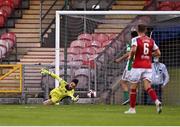 27 August 2021; Cork City goalkeeper Mark McNulty saves a shot from Jason McLelland of St Patrick's Athletic, not pictured, during the extra.ie FAI Cup Second Round match between Cork City and St Patrick's Athletic at Turner's Cross in Cork. Photo by Piaras Ó Mídheach/Sportsfile